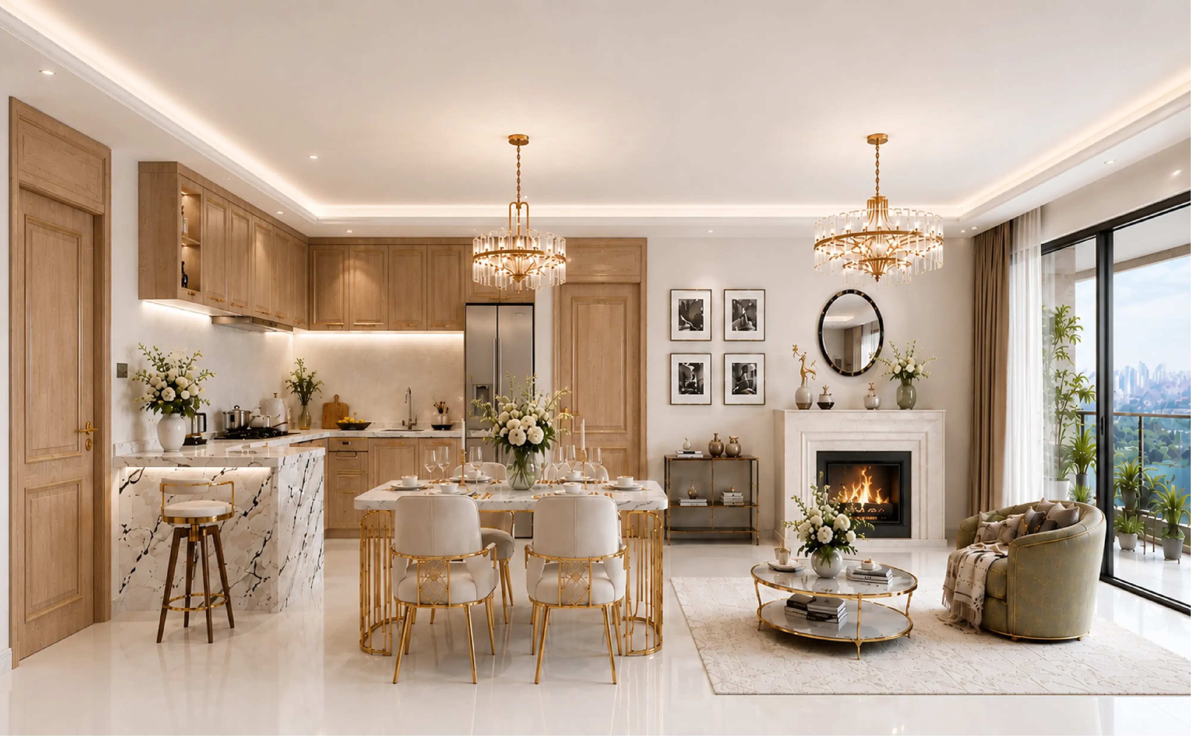 Riverside Azure open-plan interior rendering with a kitchen, dining table, chandeliers and seating beside a fireplace.