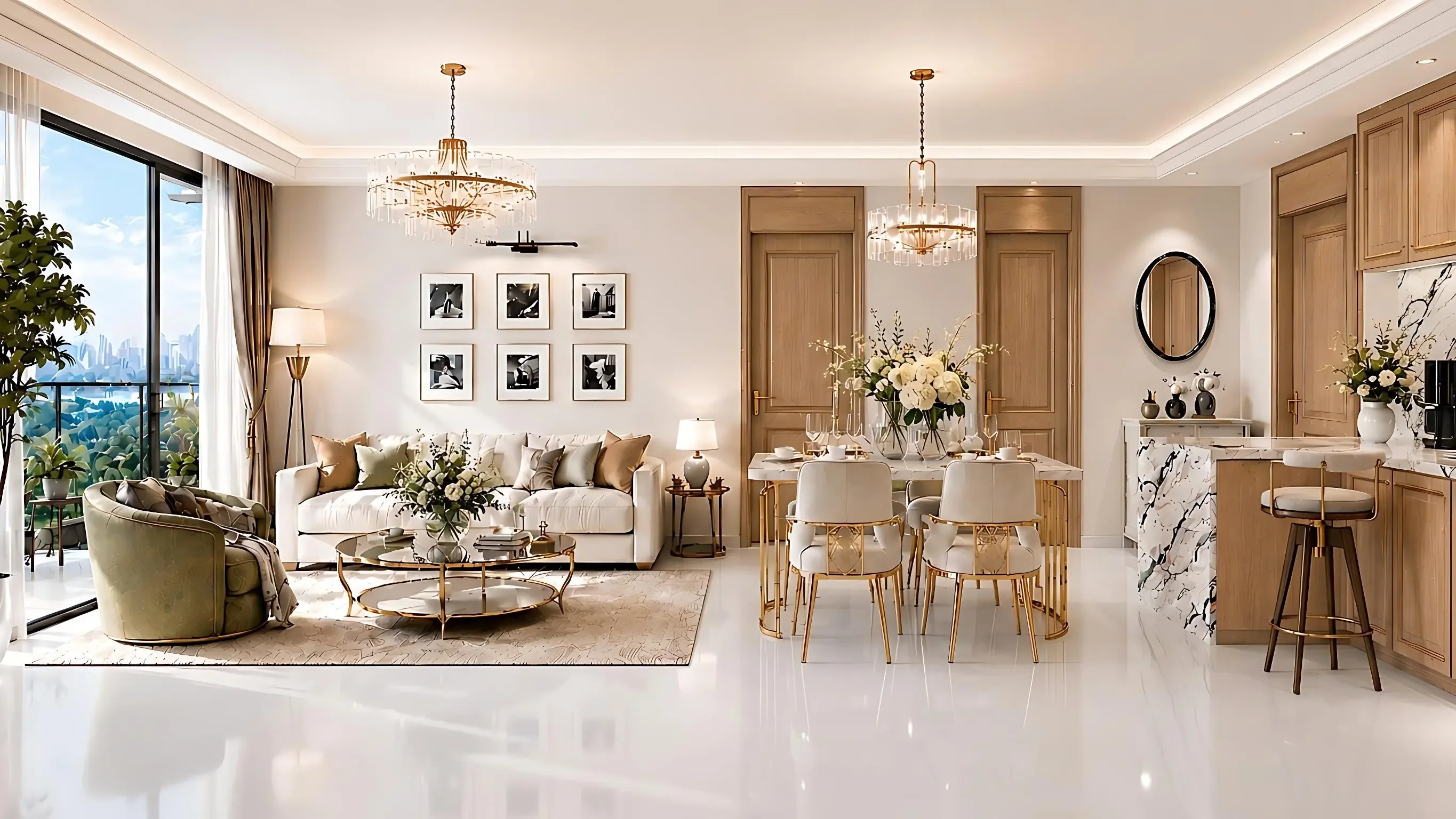 Riverside Azure open-plan interior rendering with a white sofa, dining table, chandeliers and kitchen breakfast bar.