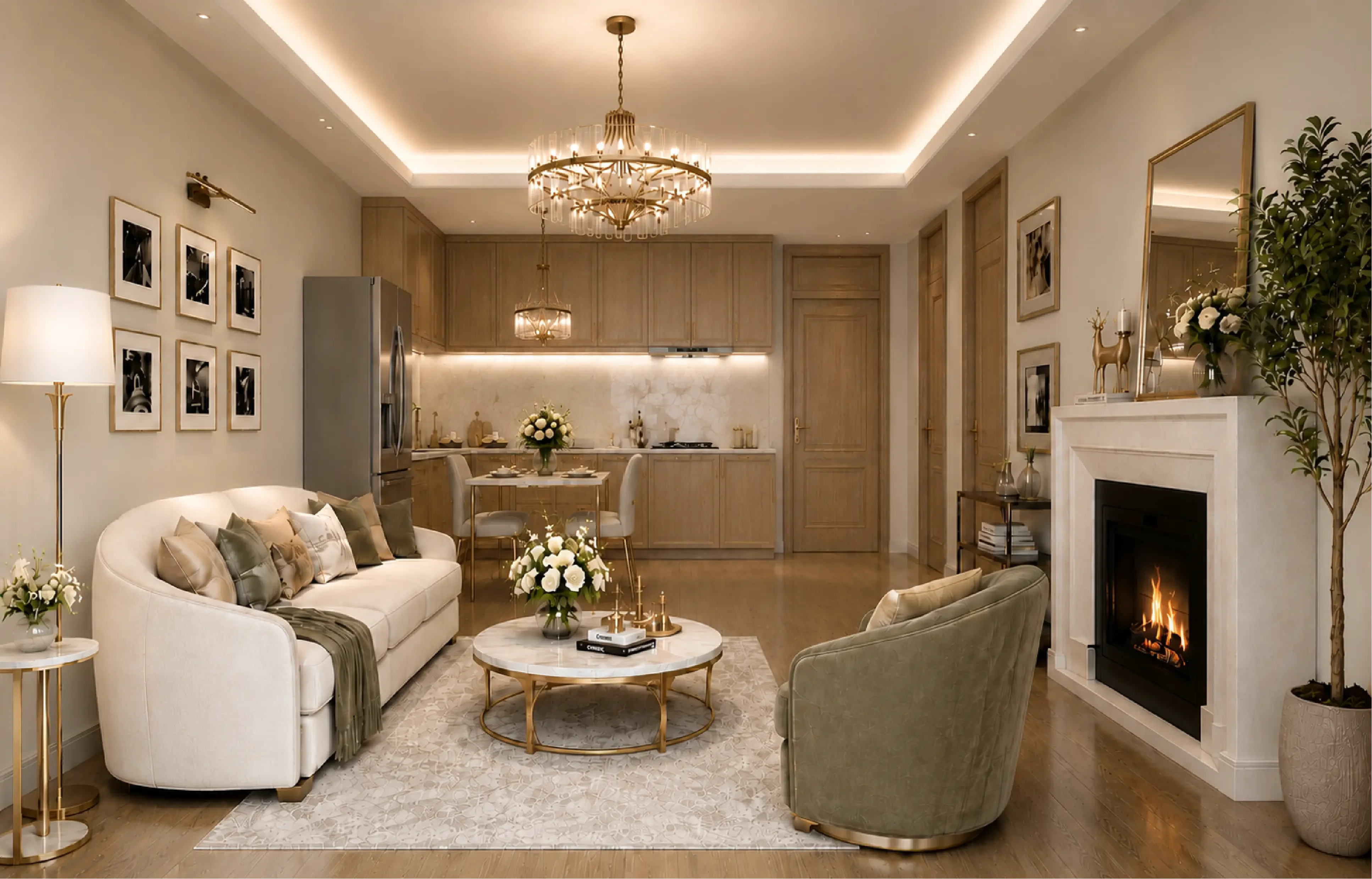 Riverside Azure interior rendering with a cream sofa, fireplace, dining table and open-plan kitchen.