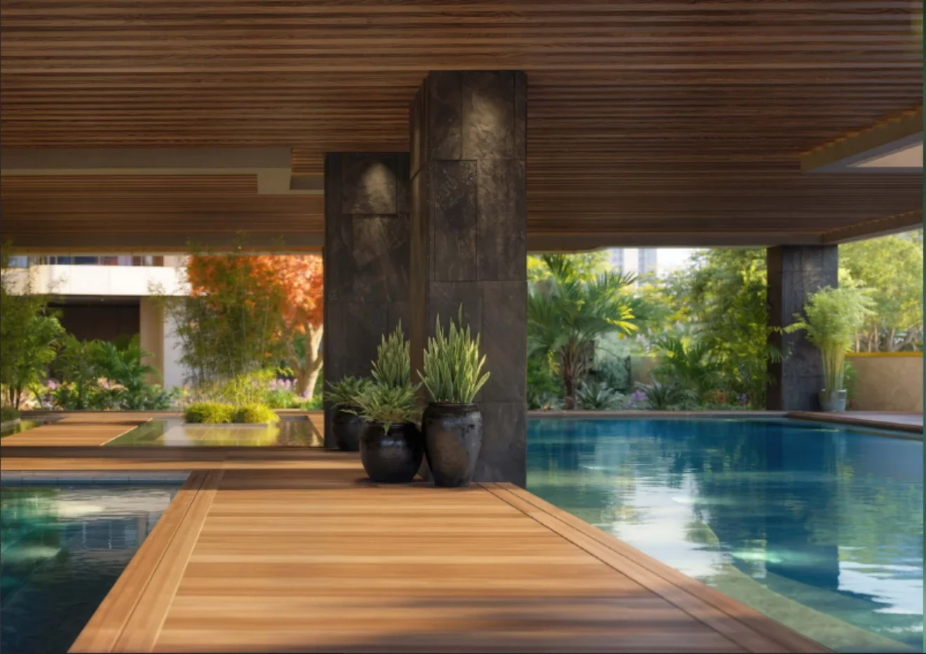 Rendering of a covered swimming pool with decking and potted plants at the Riverside Drive duplex development.