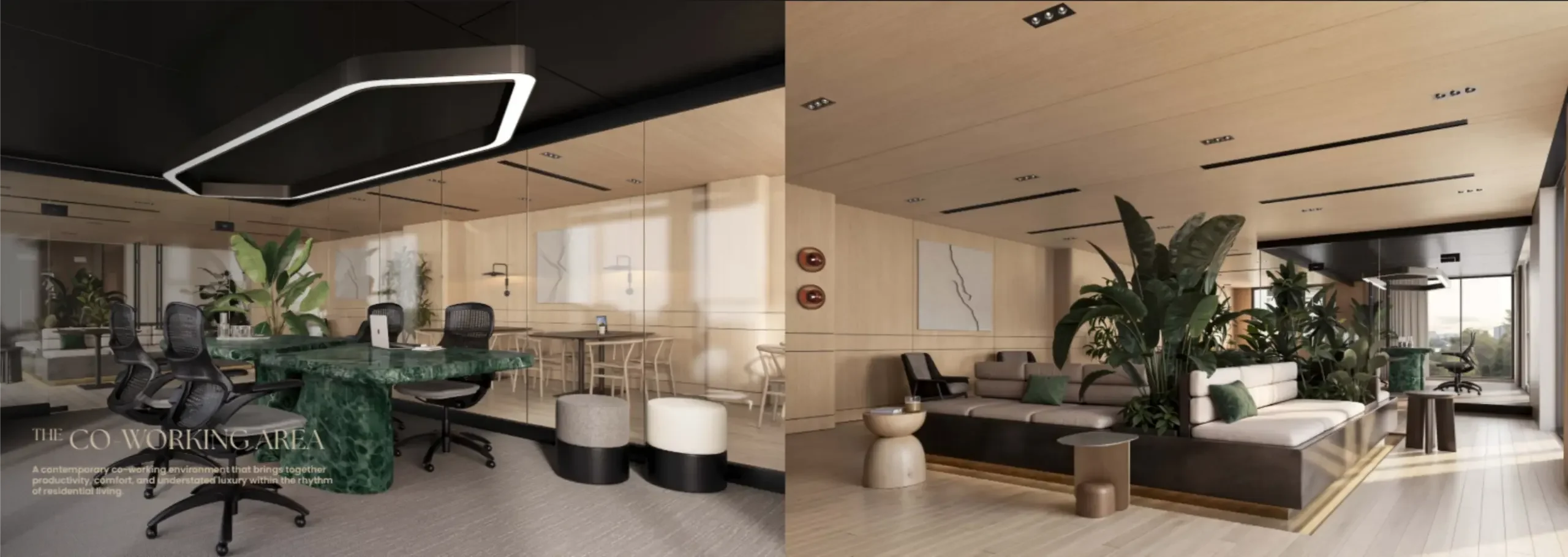 Co-working area rendering for Riverside Drive duplex, showing green desks, office chairs, sofas and large indoor plants.