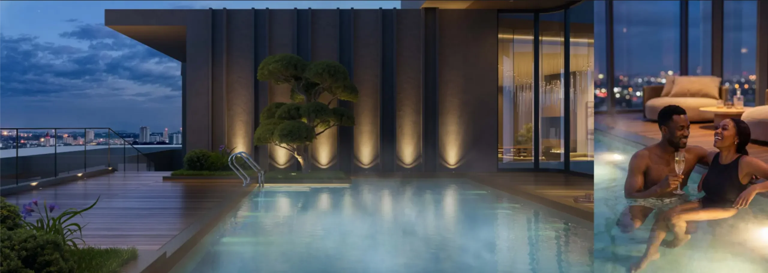Riverside Drive rooftop pool concept with landscaped decking, city views and a couple relaxing in the water.