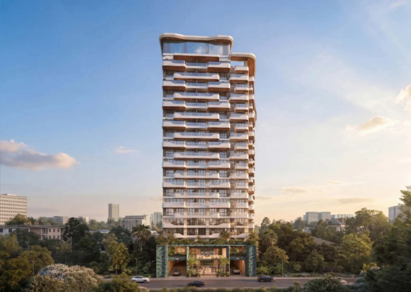 Exterior rendering of the Riverside Drive apartment tower in Nairobi, with curved balconies and a landscaped entrance.