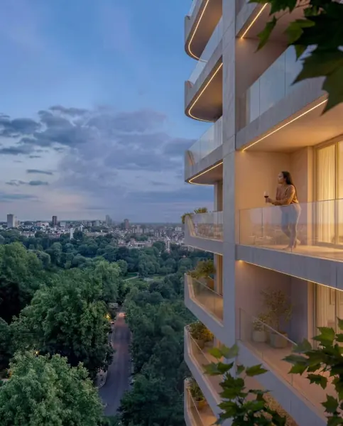 Architectural rendering of Riverside Times Apartments showing glass balconies overlooking treetops and the skyline at dusk.