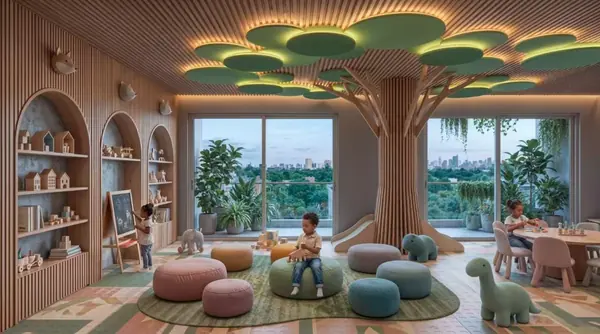 Children’s playroom rendering at Riverside Times Apartments, with colourful seating, toy shelves and a tree-shaped column.