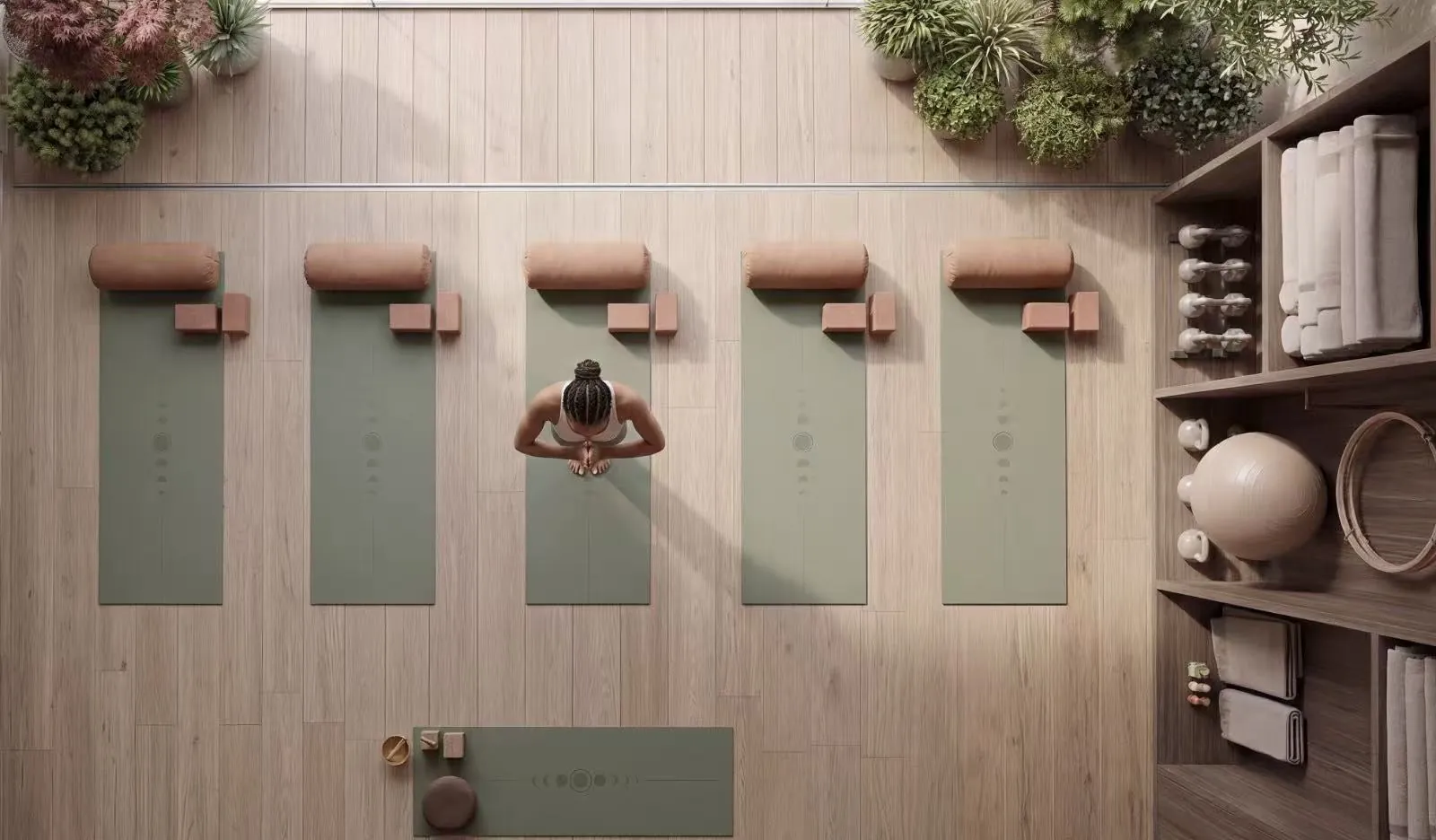 Overhead yoga area rendering at Riverside Times Apartments, showing green mats, bolsters and a person practising yoga.