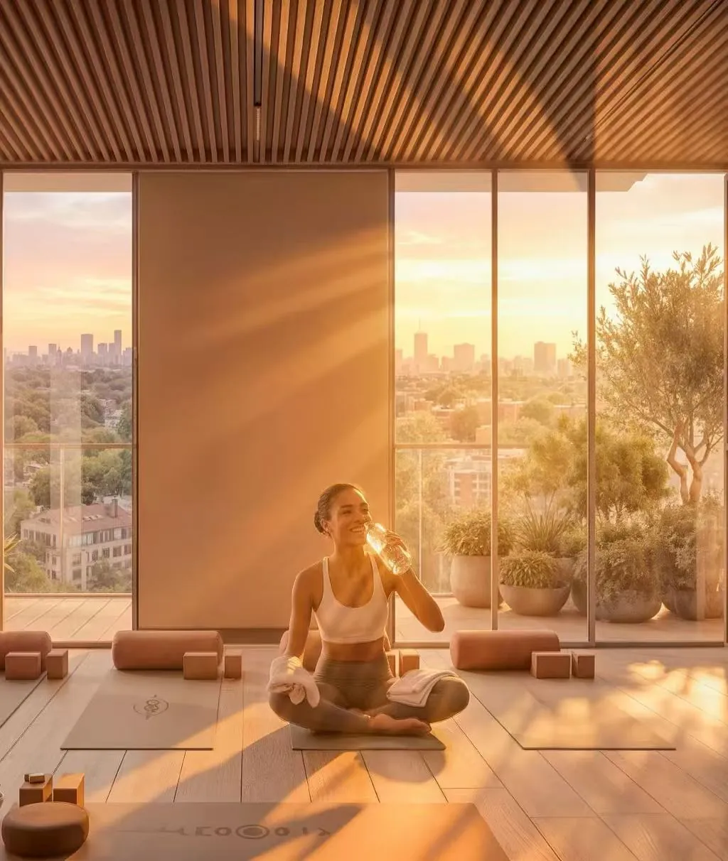 Woman drinking water while seated on a yoga mat beside large windows at Riverside Times Apartments.