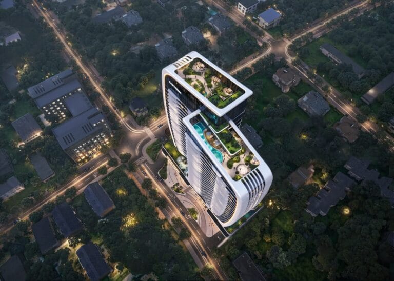 Aerial rendering of Santorini Residences in Westlands, showing rooftop gardens, a pool and surrounding tree-lined streets.
