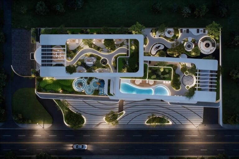 Aerial rendering of Santorini Residences, Westlands, showing landscaped terraces, winding paths and a swimming pool.