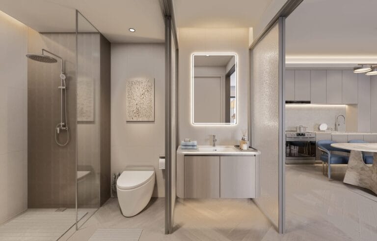 Bathroom rendering at Santorini Residences, Westlands, with a glass-enclosed shower, floating vanity and illuminated mirror.