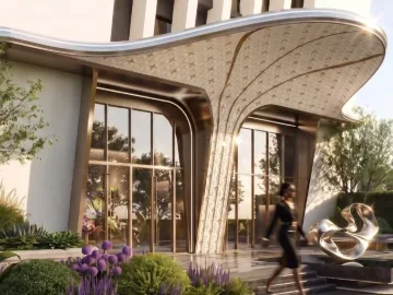 Architectural rendering of Santorini Residences, Westlands, showing a sculptural entrance canopy, glass doors and landscaping.