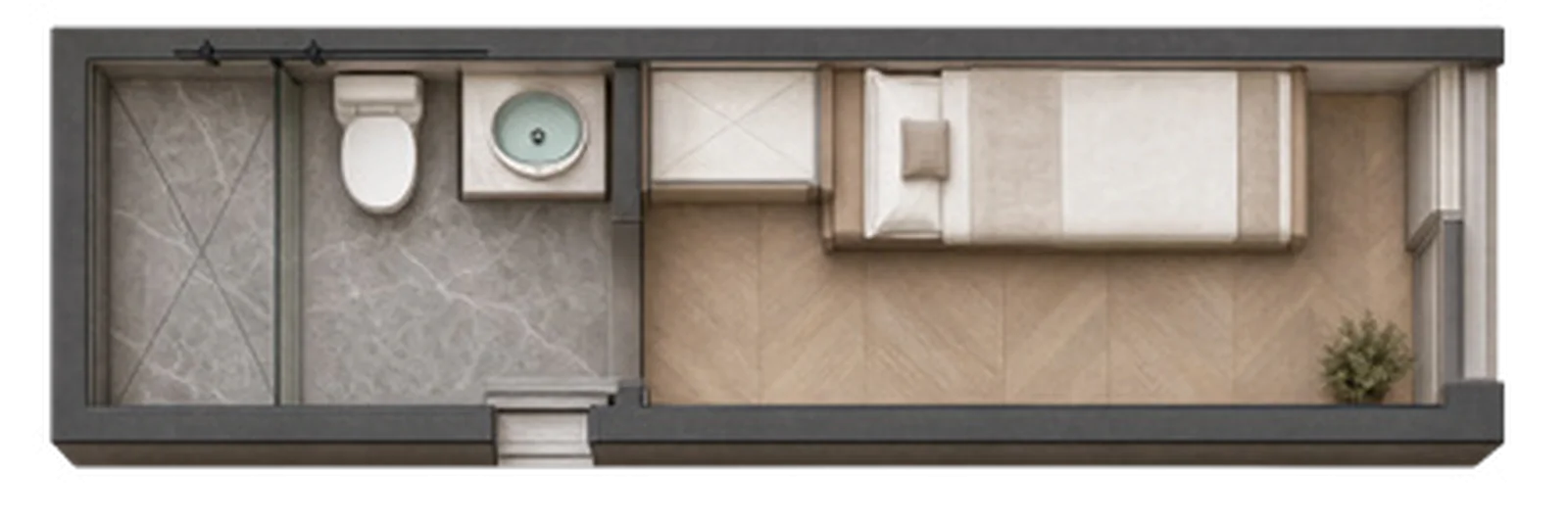 Top-down rendering of a bedroom and bathroom at Seasons Riverside, with a shower, toilet and basin.