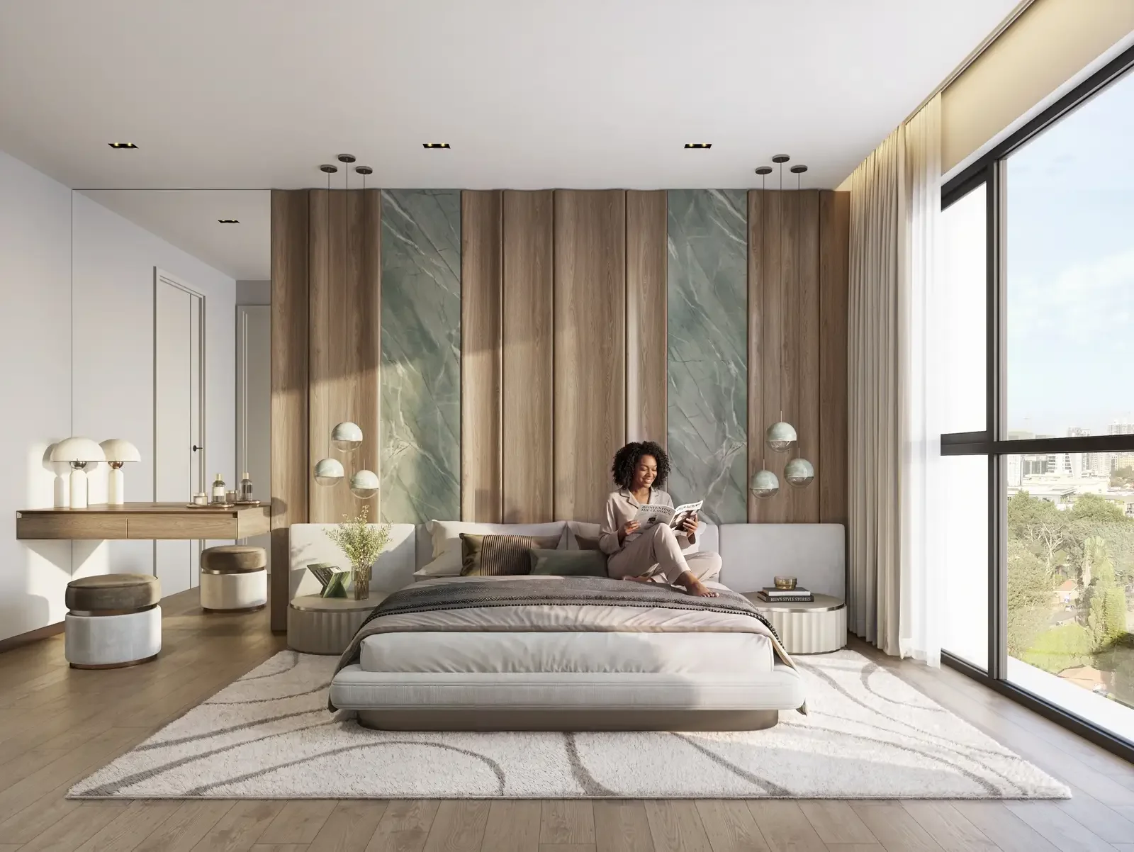 Seasons Riverside bedroom rendering with an upholstered bed, pendant lights, dressing table and large windows.