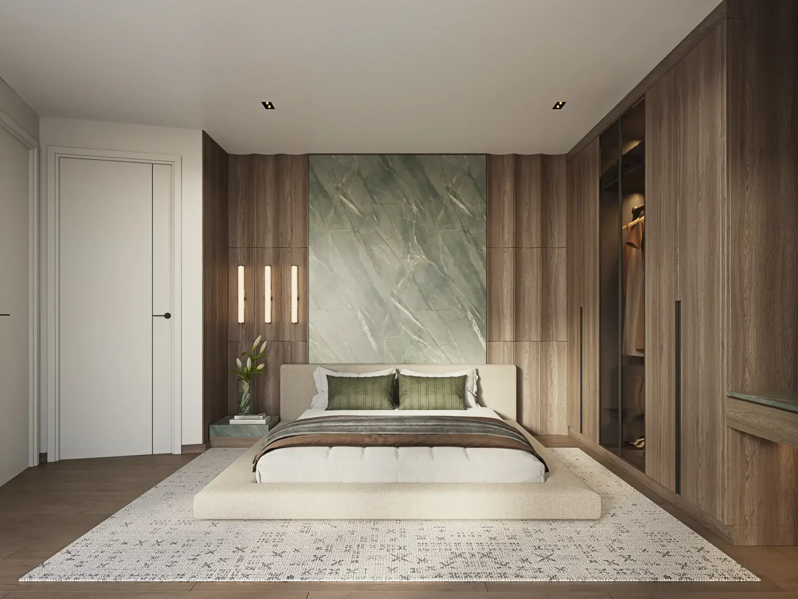 Bedroom rendering at Seasons Riverside with an upholstered bed, fitted wardrobes and a green veined feature panel.
