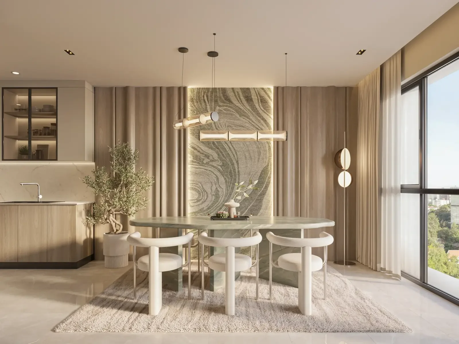 Dining area rendering at Seasons Riverside with three white chairs, pendant lights and a kitchen counter.