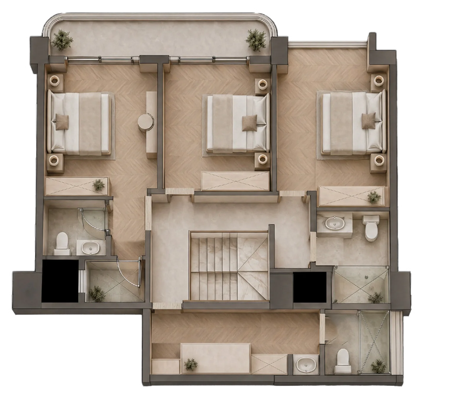 Rendered Seasons Riverside floor plan showing three bedrooms, bathrooms, a central staircase and a balcony.