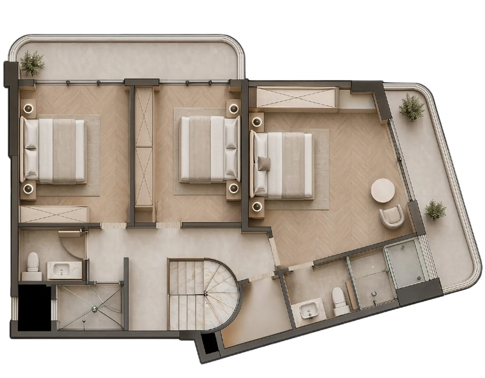 Seasons Riverside 3D floor plan showing three bedrooms, bathrooms, balconies and a curved staircase.