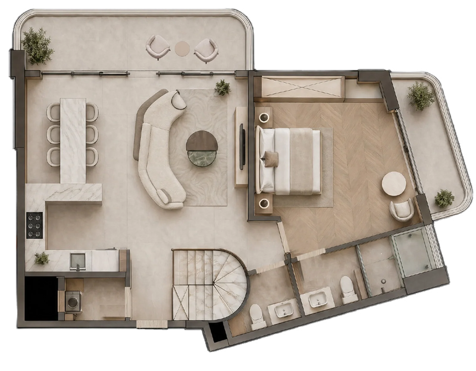 Rendered Seasons Riverside floor plan with open-plan living and kitchen areas, a bedroom, balconies and curved staircase.