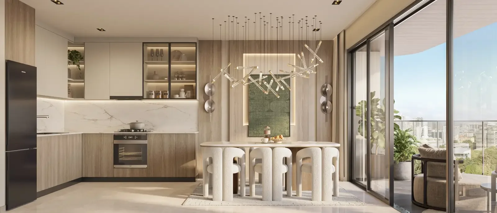 Kitchen and dining area rendering at Seasons Riverside, with pendant lighting and sliding glass doors to a balcony.