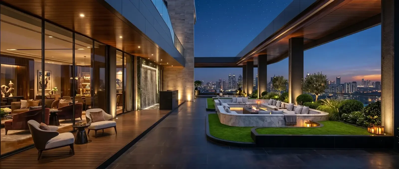 Rendering of Seasons Riverside’s rooftop lounge with outdoor seating, landscaped greenery and a city skyline at dusk.