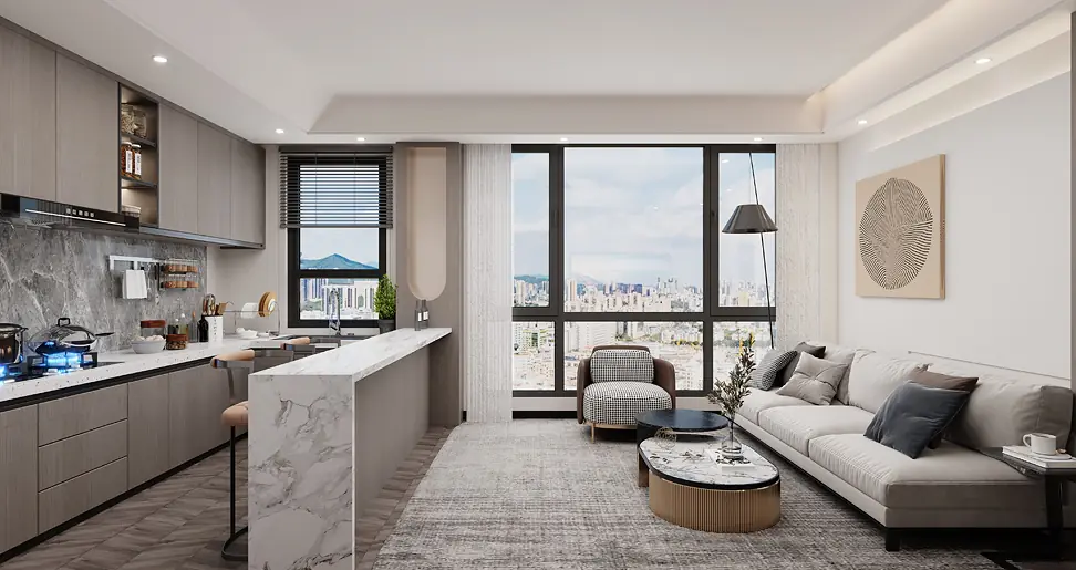 Rendered open-plan kitchen and living area at Skyline Westlands, with grey cabinetry, a sofa and large windows.