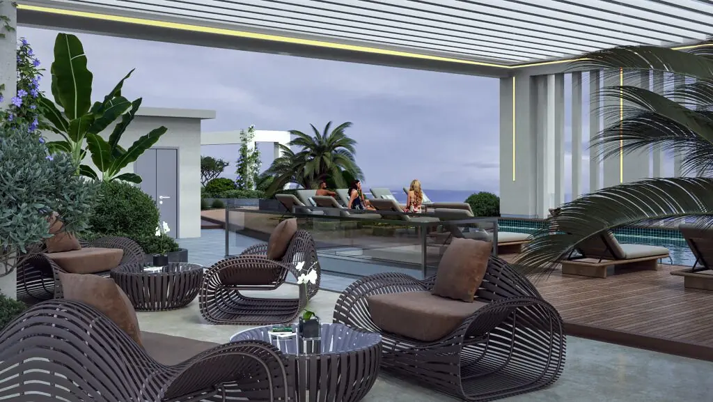 Rendered poolside lounge at Skyline Westlands, with cushioned chairs, tables and tropical planting beneath a slatted canopy.