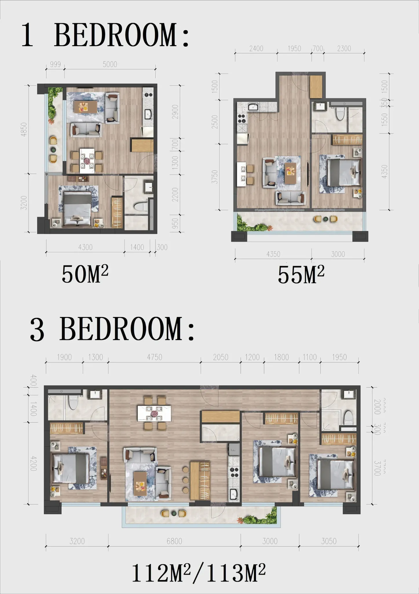 South C apartment floor plans showing one- and three-bedroom layouts with dimensions and balconies.