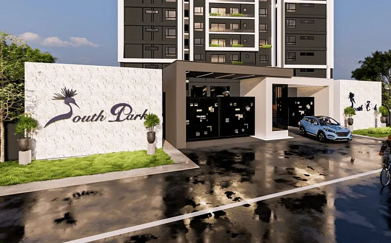 Architectural rendering of South Park Apartments' gated entrance in South C, with landscaping and a blue car.