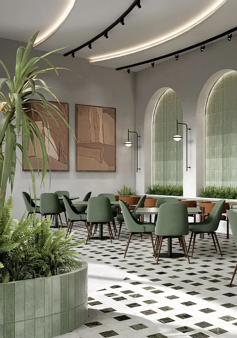 Dining area rendering at Terreno Apartments with green chairs, arched wall recesses and indoor plants.