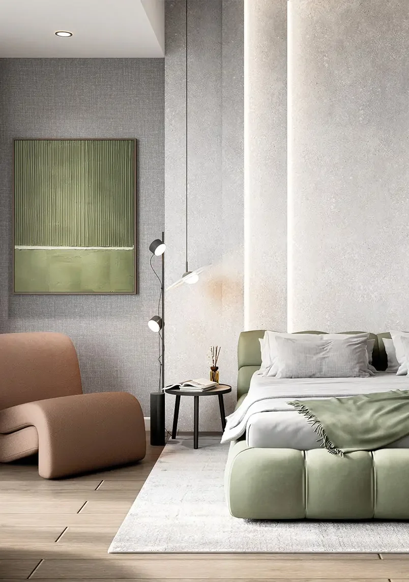 Bedroom rendering for Terreno Apartments Riverside with a green upholstered bed, tan chair and framed artwork.