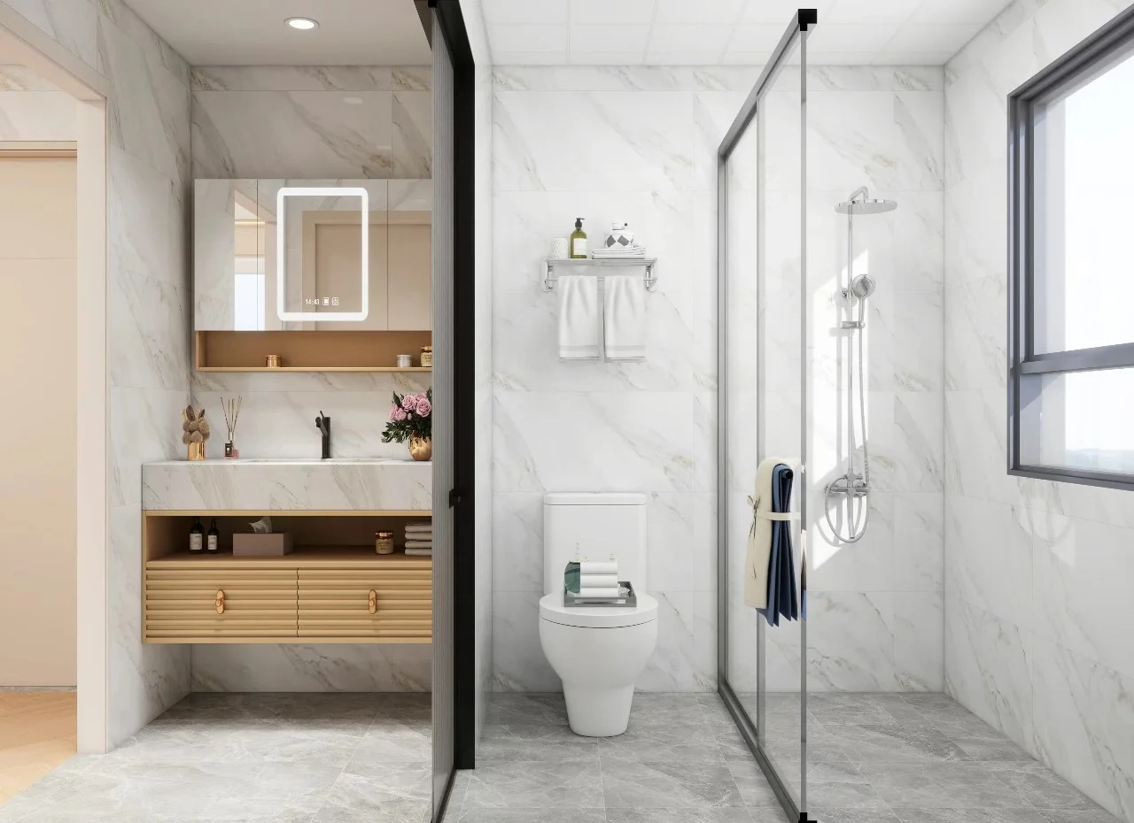 Bathroom rendering at The Vesper Residency with a floating vanity, toilet and glass-enclosed shower.