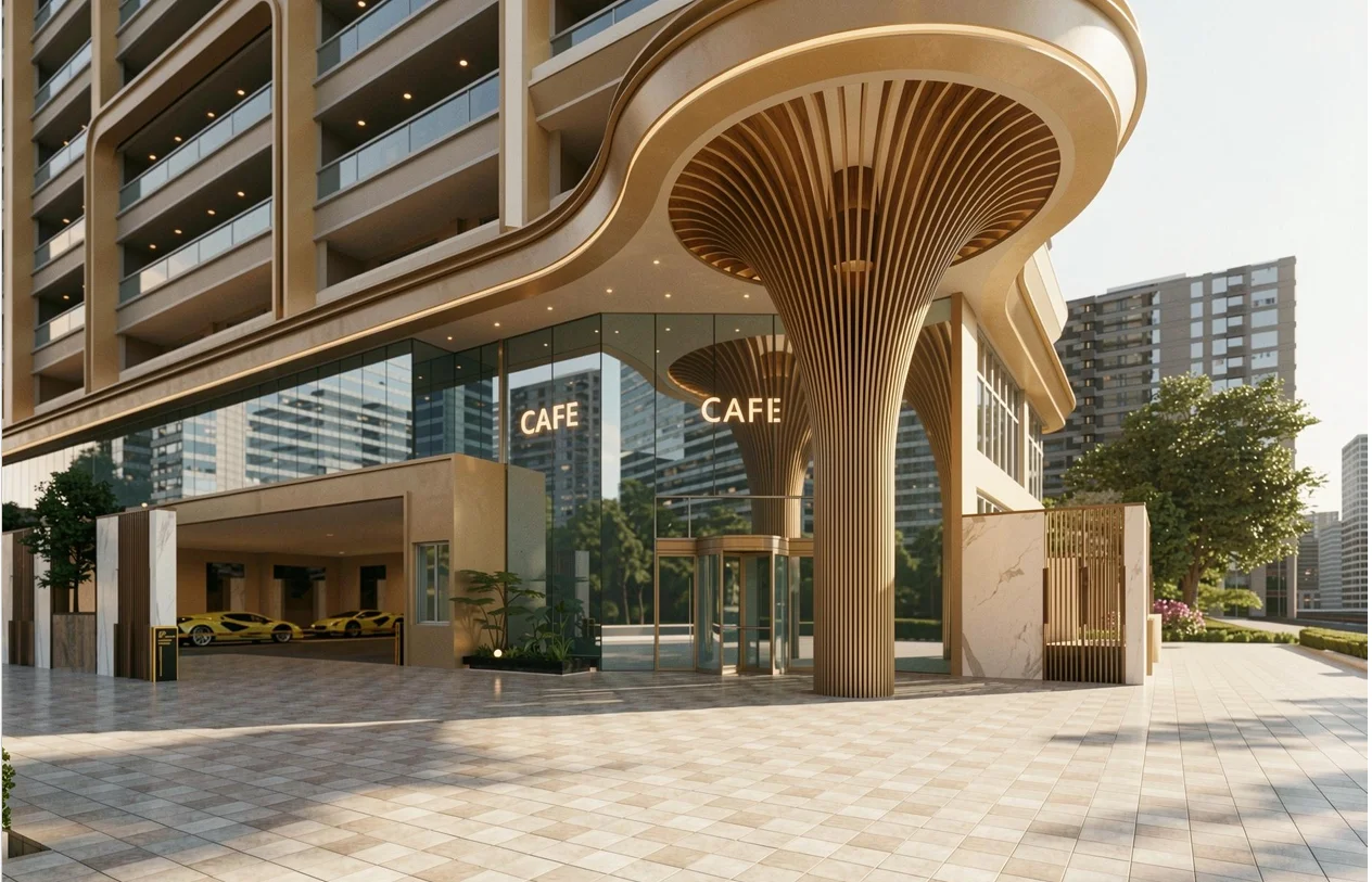 The Vesper Residency entrance rendering with glass-fronted café, curved canopy and sculptural column in Westlands.