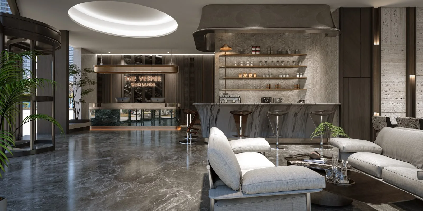 Lobby rendering at The Vesper Residency, Westlands, with reception desk, café counter and lounge seating.