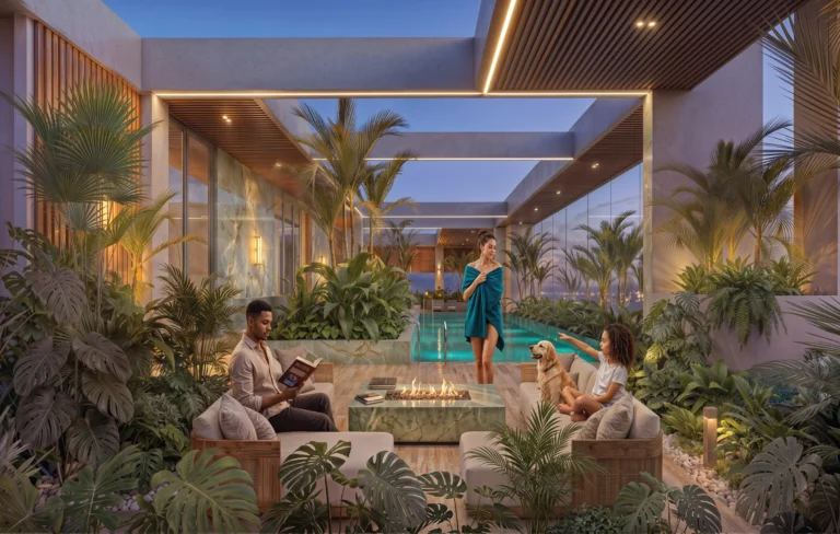 Rendered poolside lounge at Ubora Living with cushioned seating, a fire table and tropical planting.