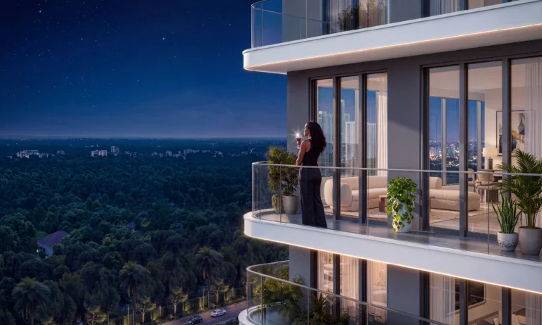 Nighttime rendering of Ubora Living in Westlands, with glass-railed balconies, potted plants and views over trees.