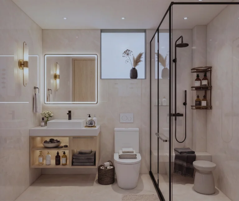 Bathroom rendering at Ubora Living, Westlands, with a glass-enclosed shower, toilet, vanity and illuminated mirror.