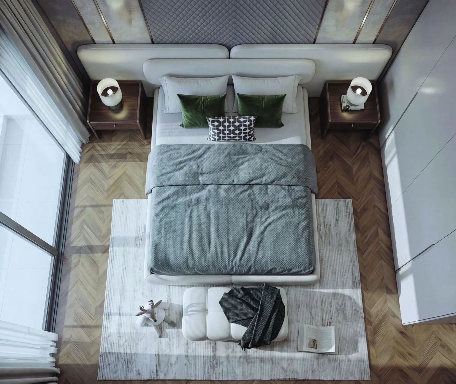 Overhead bedroom rendering at Ubora Living, Westlands, showing an upholstered bed, green cushions and matching bedside tables.
