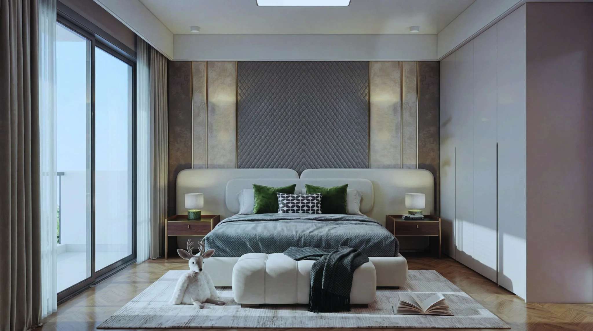 Bedroom rendering at Ubora Living, Westlands, with an upholstered bed, full-height wardrobes and sliding glass doors.