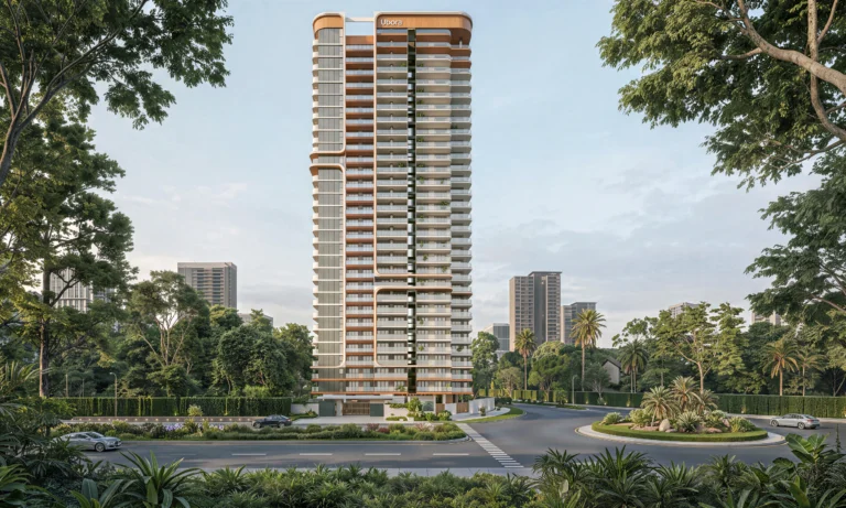 Ubora Living exterior rendering in Westlands, showing a high-rise apartment tower with balconies and surrounding trees.