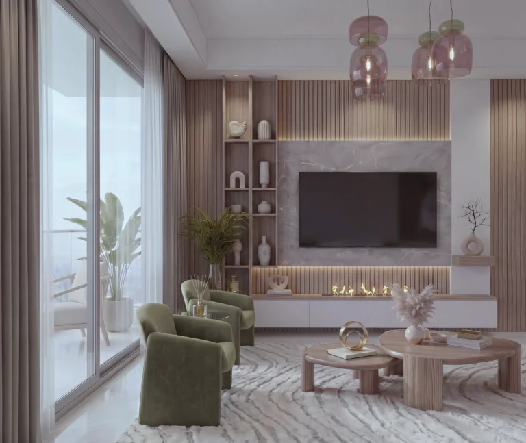 Living room rendering at Ubora Living, Westlands, with green armchairs, round tables and a wall-mounted television.