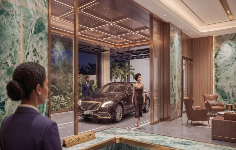 Ubora Living lobby rendering with a reception desk, green veined wall panels and lounge seating.