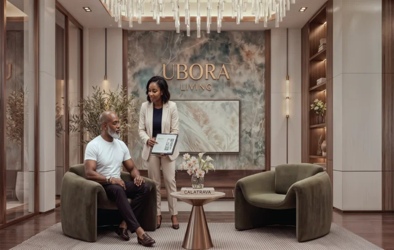 Ubora Living lobby with green armchairs, a seated man and a woman holding a tablet.