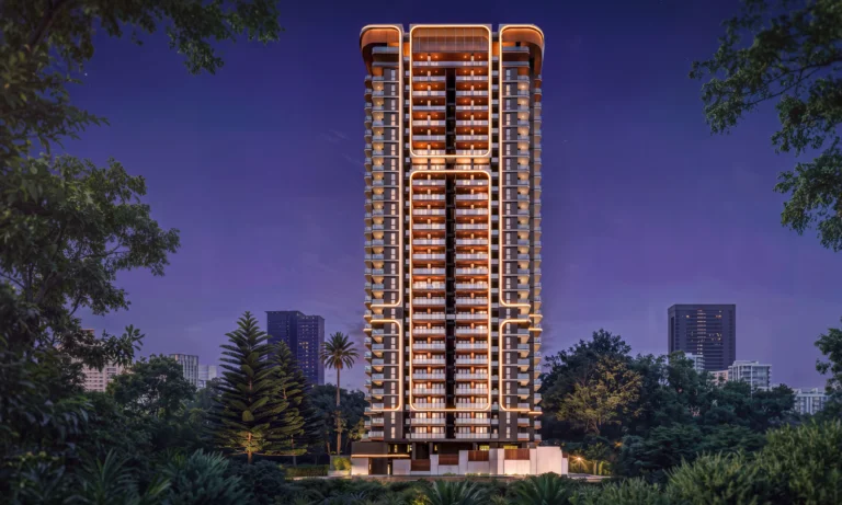 Nighttime rendering of Ubora Living in Westlands, with an illuminated facade, balconies and surrounding trees.