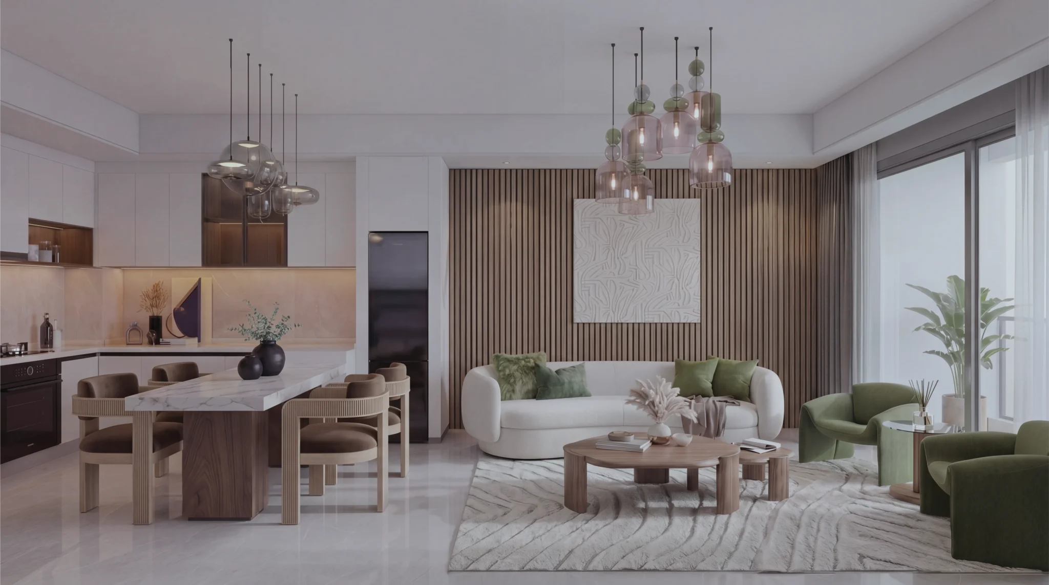 Open-plan kitchen and living area rendering at Ubora Living, Westlands, with a white sofa and green armchairs.