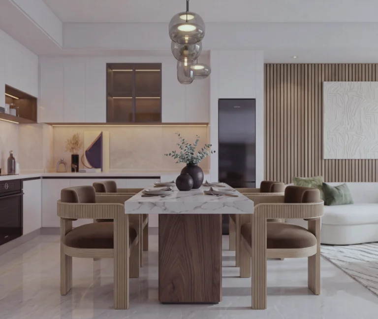 Rendering of Ubora Living’s open-plan kitchen and dining area with pendant lights and upholstered chairs.