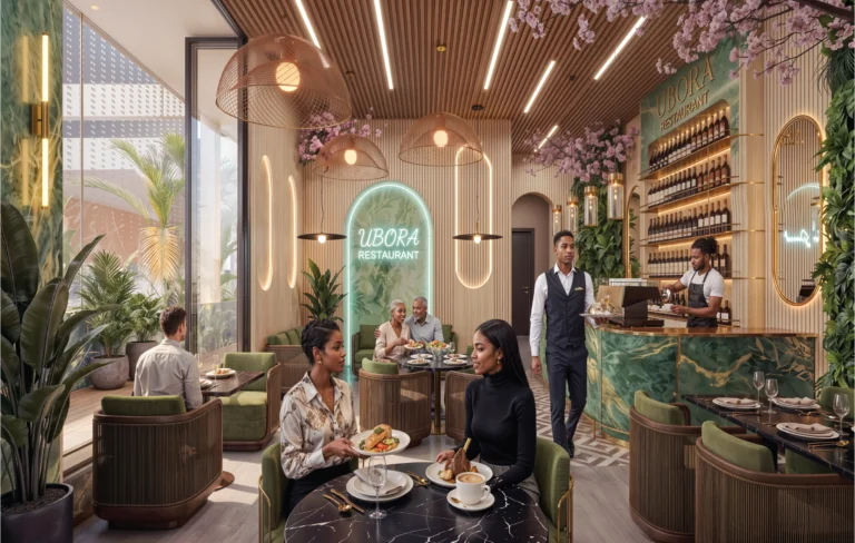 Restaurant interior rendering at Ubora Living, Westlands, with diners, green seating and a bar counter.