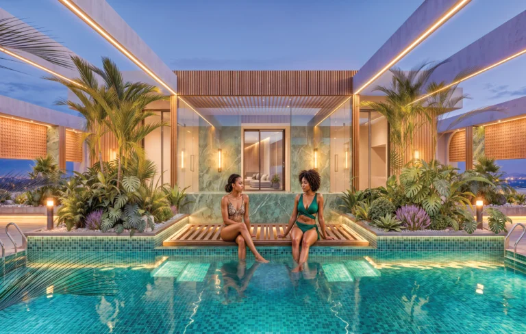 Rooftop pool rendering at Ubora Living, Westlands, with two women seated poolside and tropical planting.