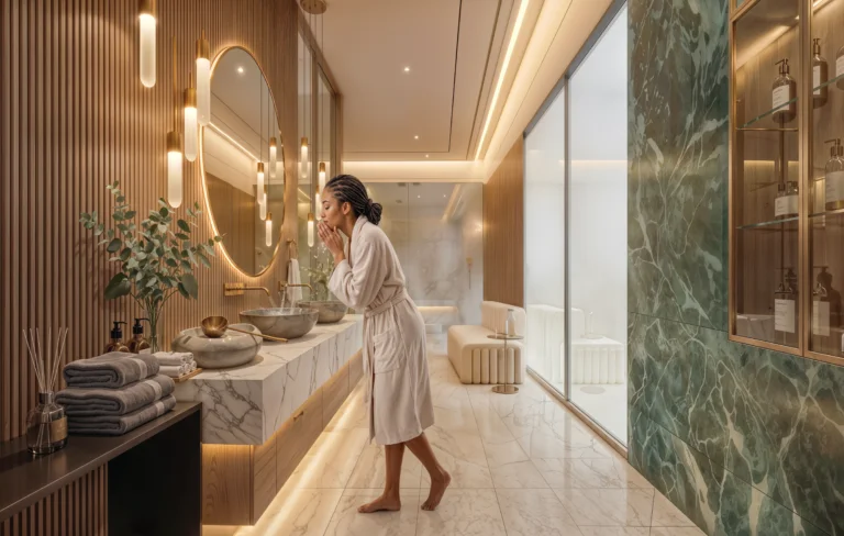 Rendered vanity area at Ubora Living, Westlands, with vessel sinks, an oval mirror and a robed woman.