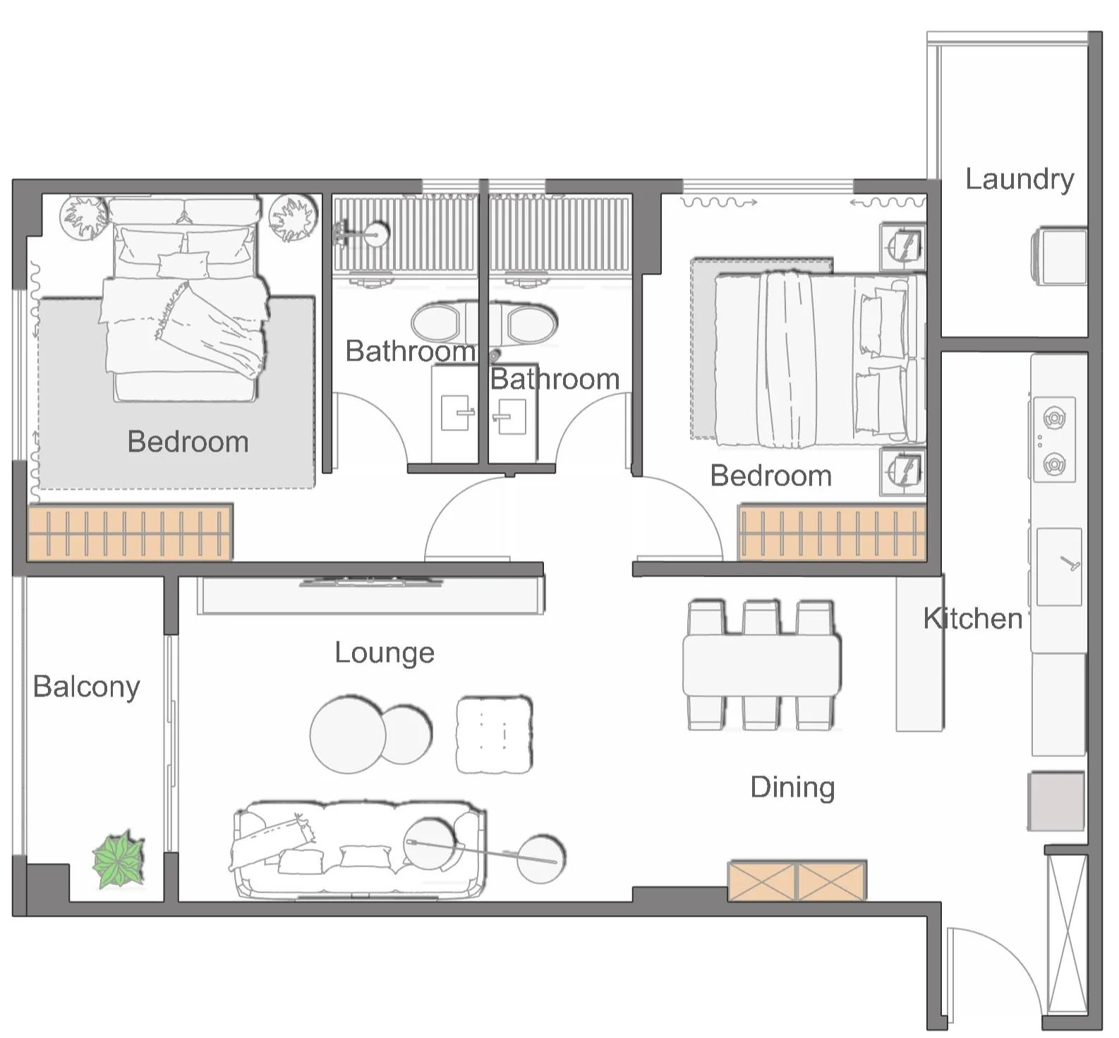 Two-bedroom apartment floor plan in Upper Hill with two bathrooms, lounge, dining area, kitchen, laundry and balcony.
