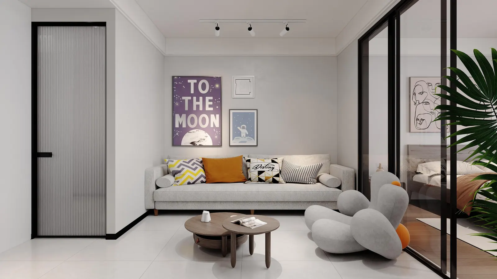 Upper Hill apartment living room rendering with a grey sofa, nesting tables and a glass bedroom partition.
